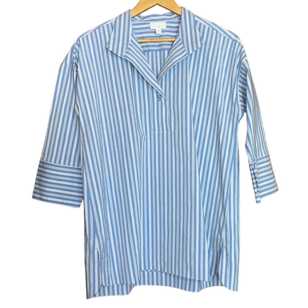 •J.JILL•NWOT BLUE & WHITE STRIPED 3/4 SLEEVE V-NECK COLLAR BLOUSE SIZE SMALL